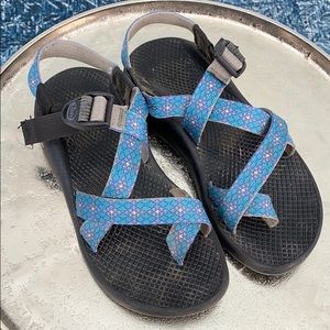Black Chacos with Blue Straps